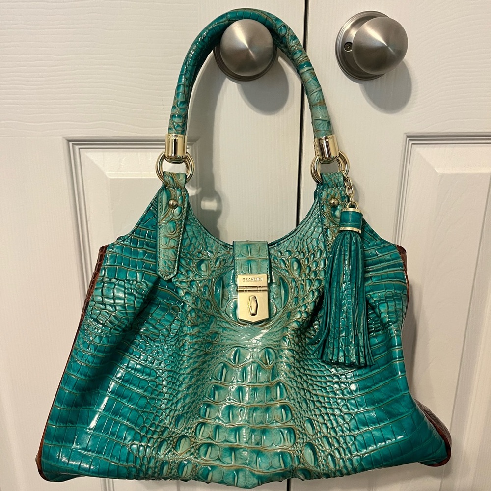 Large Brahmin Elisa Turquoise Paraty Two Tone Leather Hobo Handbag